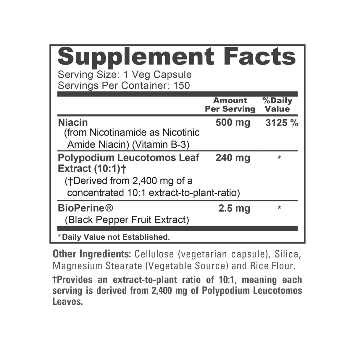 NusaPure Polypodium Nicotinamide 10:1 Extract, 240 mg Equivalent to 2,400 mg per Veg Caps - 150 Count (Non-GMO, Soyfree, Bioperine) NusaPureBuy Supplements Australia