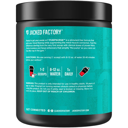 Jacked Factory Pumpsurge Caffeine Free Pre Workout for Men & Women - Booster & Stim Free Pre Workout - Intense Pumps, Enhanced Focus - 30 Servings, Cherry Limeade 8.83oz