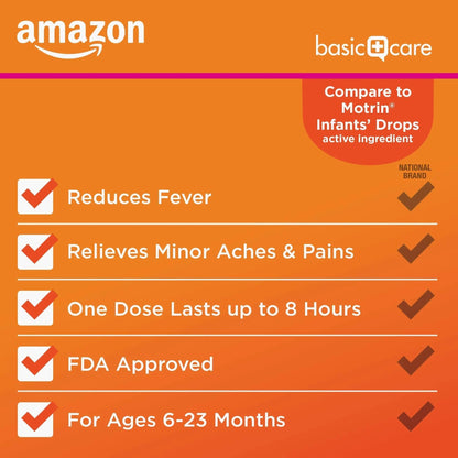 Amazon Basic Care Infants' Ibuprofen Oral Suspension, Pain Reliever and Fever Reducer, 50 mg/1.25 mL, Berry Flavor Concentrated Drops, Dye-Free, 1 fl oz (Pack of 1) Amazon Basic CareBuy Supplements Australia