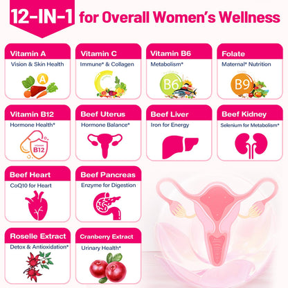 12-In-1 Beef Organ Supplement for Women - Beef Liver, Uterus, Kidney, Heart, Pancreas, 5 Vitamins & 2 Herbs, Hormone Balance, Menstruation, Energy, Immune - 100% Grass Fed, Pasture Raise - 120 Caps NassiouyBuy Supplements Australia