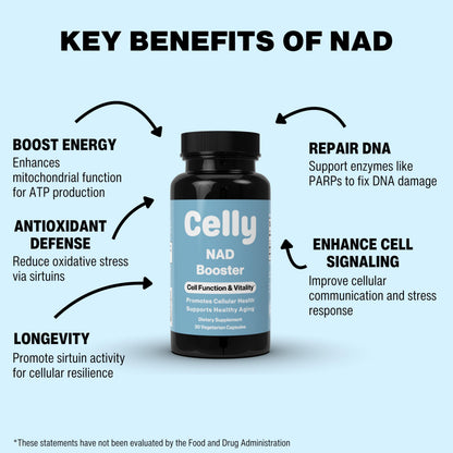 Celly NAD Booster | Longevity Supplement for Healthy Aging with NR (Nicotinamide Riboside) and Nicotinamide | Promotes Cell Function & Vitality | Non-GMO & 3rd Party Tested CellyBuy Supplements Australia