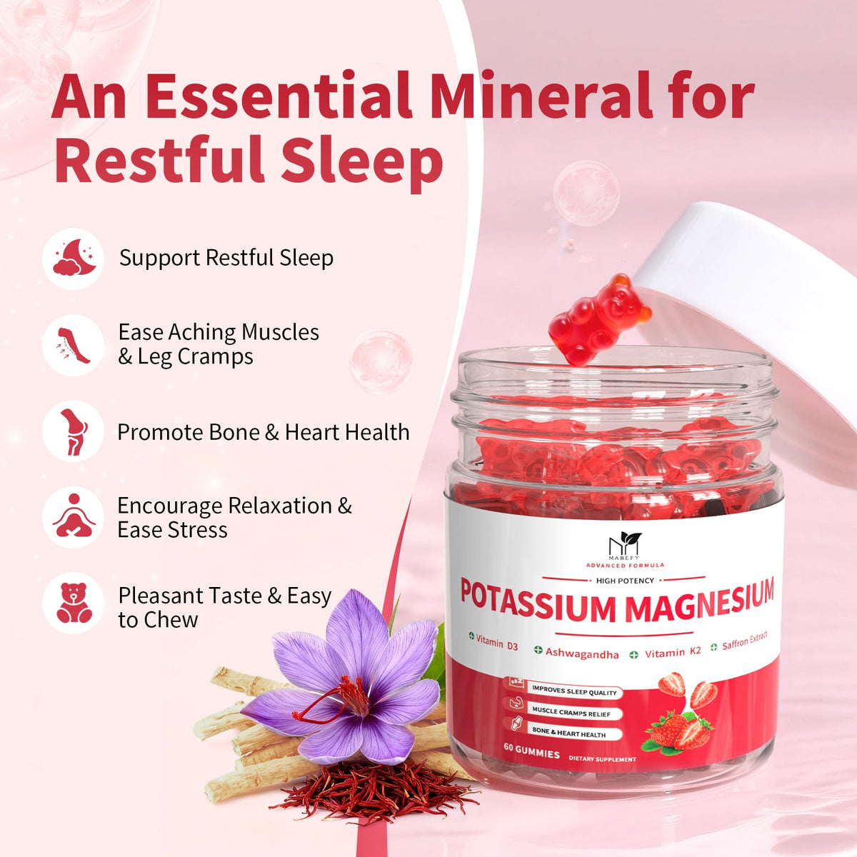 2 Pack Potassium Magnesium Gummies, Sugar Free Potassium Supplement Magnesium Glycinate 500mg, Ashwagandha, Vitamins D3, C, B6, Calcium & Zinc for Sleep, Leg Cramps & Muscle Relaxation-120 Count MABEFYBuy Supplements Australia