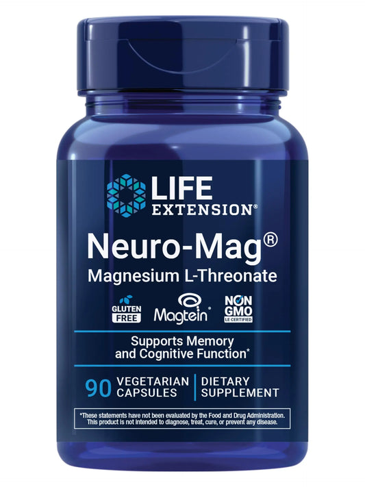 Blue supplement bottle labeled 'Neuro-Mag' by Life Extension on a white background