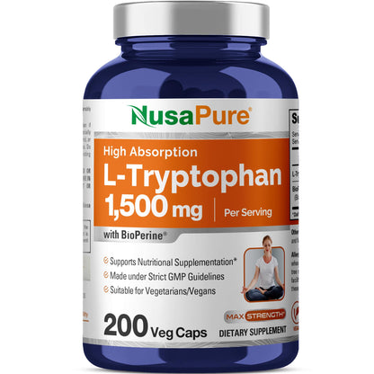 NusaPure L-Tryptophan - Suitable for Vegetarian/Vegan, Non - GMO - 1500mg 200 Capsules NusaPureBuy Supplements Australia