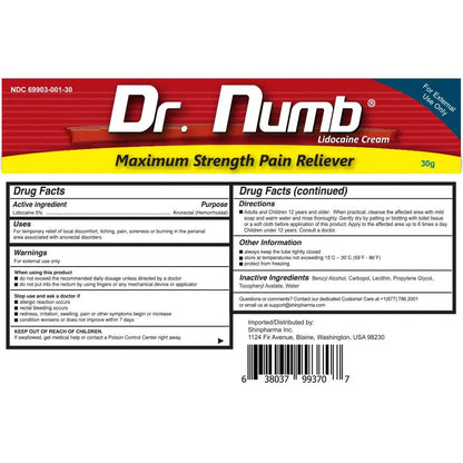 Dr. Numb 5% Lidocaine Numbing Cream, Fast-Acting Maximum Strength Topical Anesthetic Pain Relief Burn Itch Numb Cream with Vitamin E for Hemorrhoid Treatment, Local and Anorectal Uses - 30g Dr. NumbBuy Supplements Australia