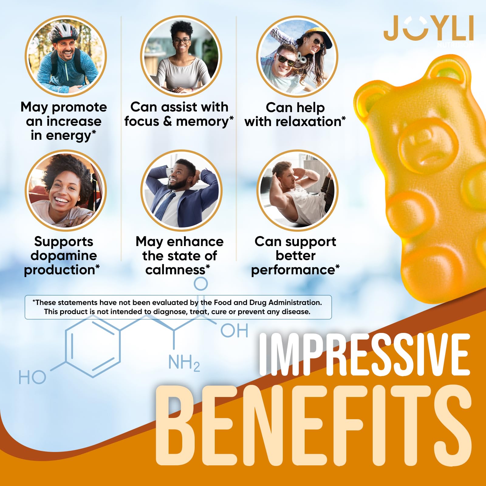 Joyli L Tyrosine Gummies 1000MG - L-Tyrosine Supplement for Kids & Adults - Calm & Focus Gummies for Brain, Memory, Mood, and Energy - 500mg L- Tyrosine Powder per Gummy - Vegan, Gluten-Free JOYLI NutritionBuy Supplements Australia