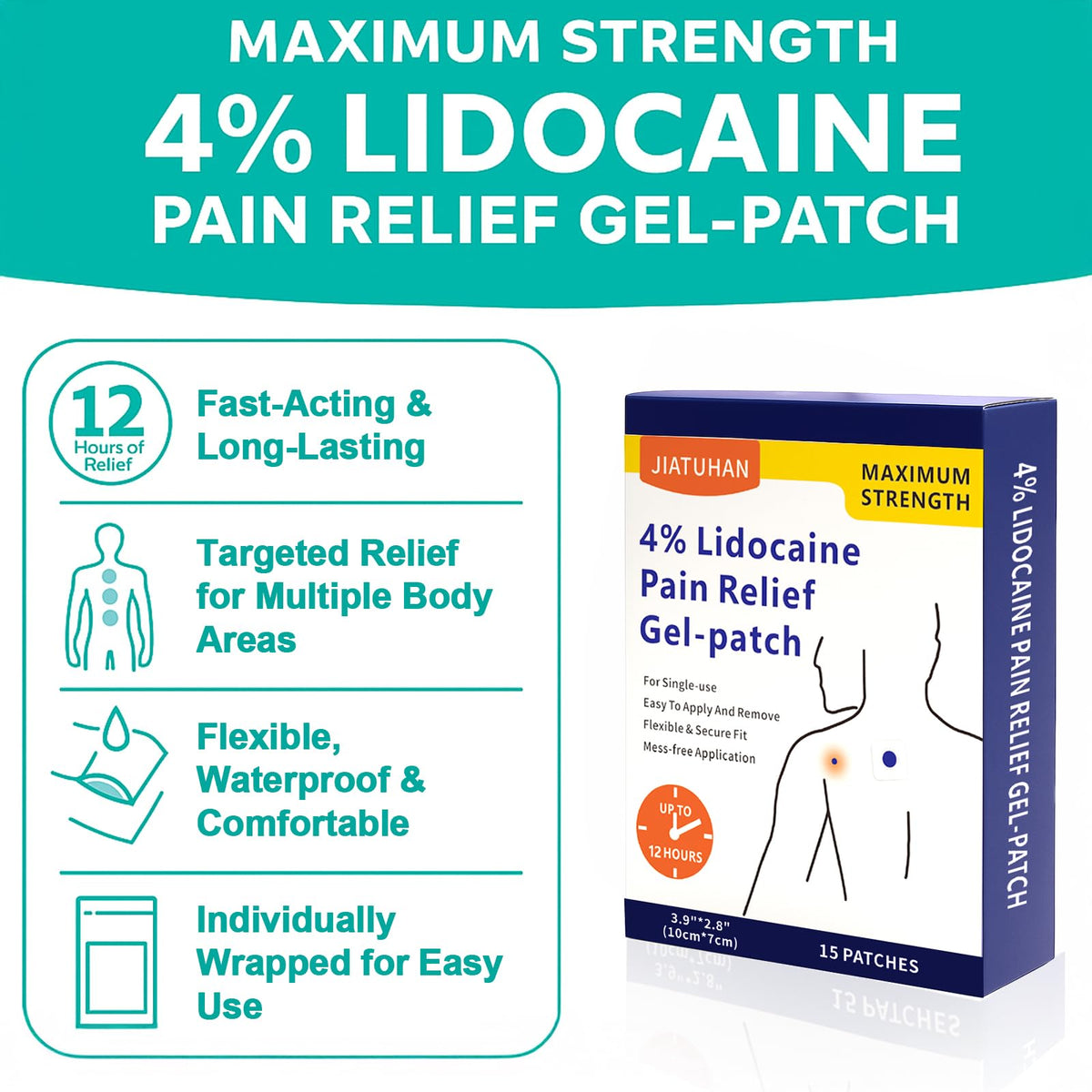 JIATUHAN 4% Lidocaine Pain Relief Patches – Maximum Strength for Back, Neck, Joint & Muscle Pain – Long-Lasting & Flexible – 15 Patches JIATUHANBuy Supplements Australia