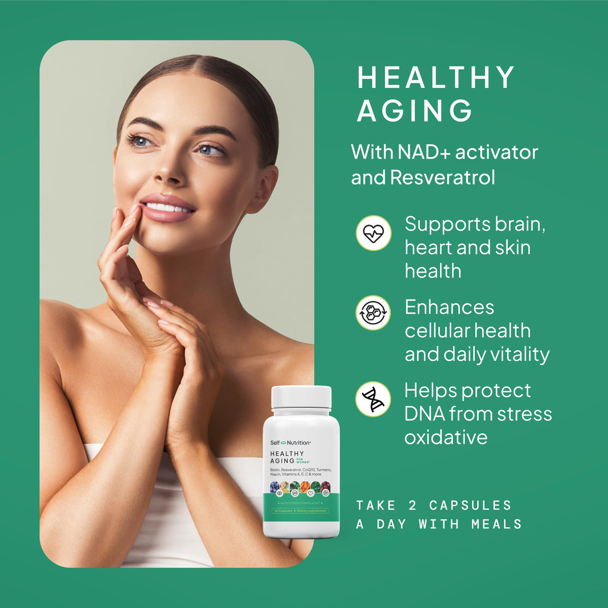 SELF NUTRITION NAD+ Resveratrol Supplement for Women – Healthy Aging Formula with CoQ10, Biotin, Turmeric & Vitamins A, C, E – Supports Energy, Skin & Longevity – 60 Capsules. Made in USA. SELF NUTRITION buy supplements Au