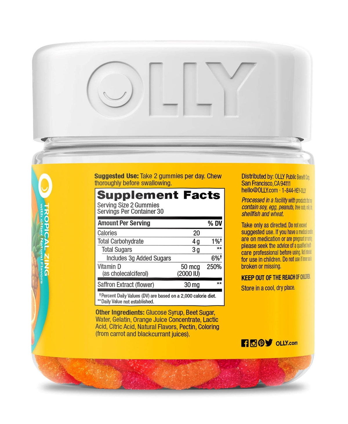 OLLY Hello Happy Gummy Worms, Mood Support Gummies For Adults,* Saffron Extract, Vitamin D, Tropical Zing Flavored, 30 Day Supply - 60 Count OLLY buy supplements Au
