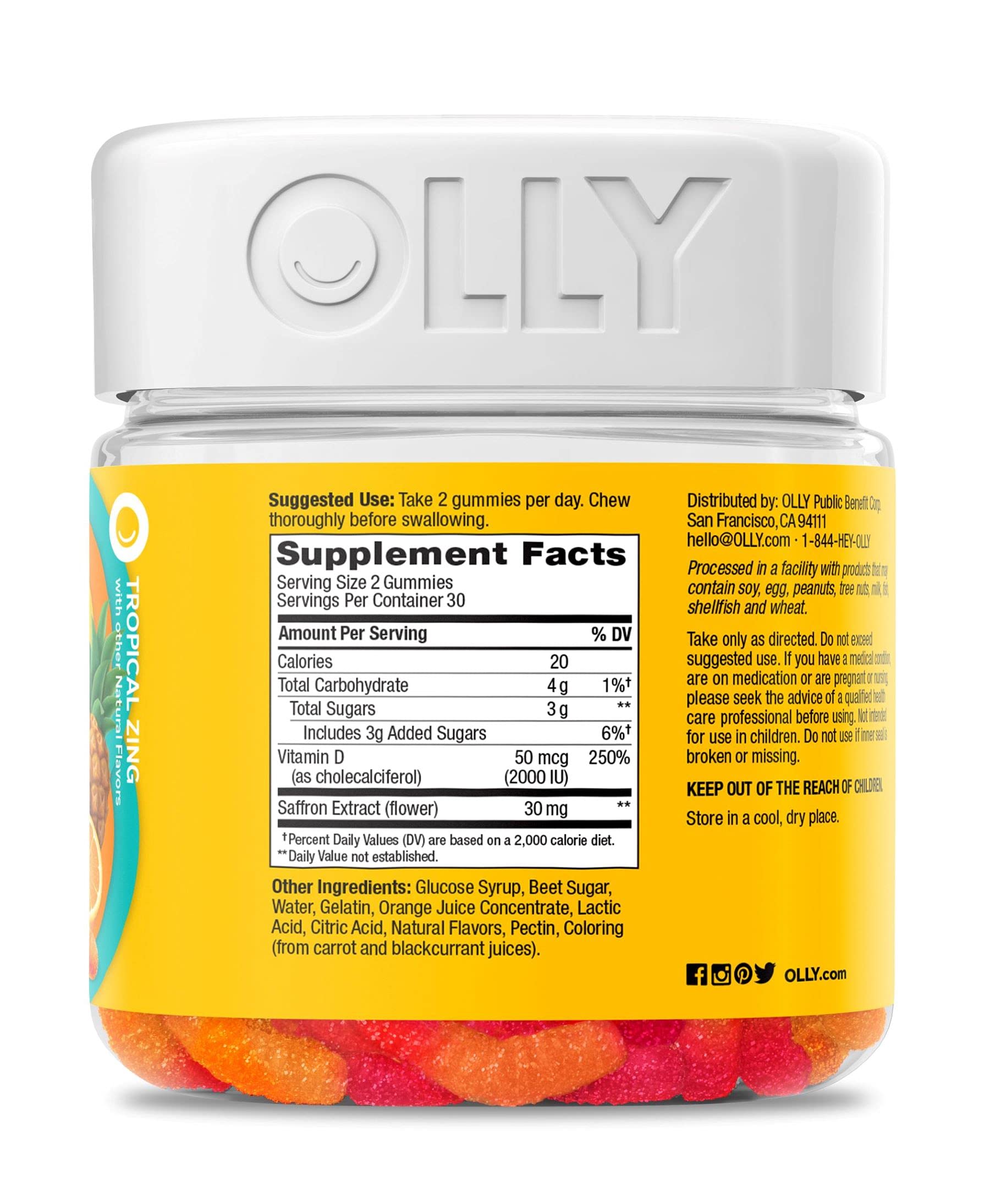 OLLY Hello Happy Gummy Worms, Mood Support Gummies For Adults,* Saffron Extract, Vitamin D, Tropical Zing Flavored, 30 Day Supply - 60 Count OLLY buy supplements Au