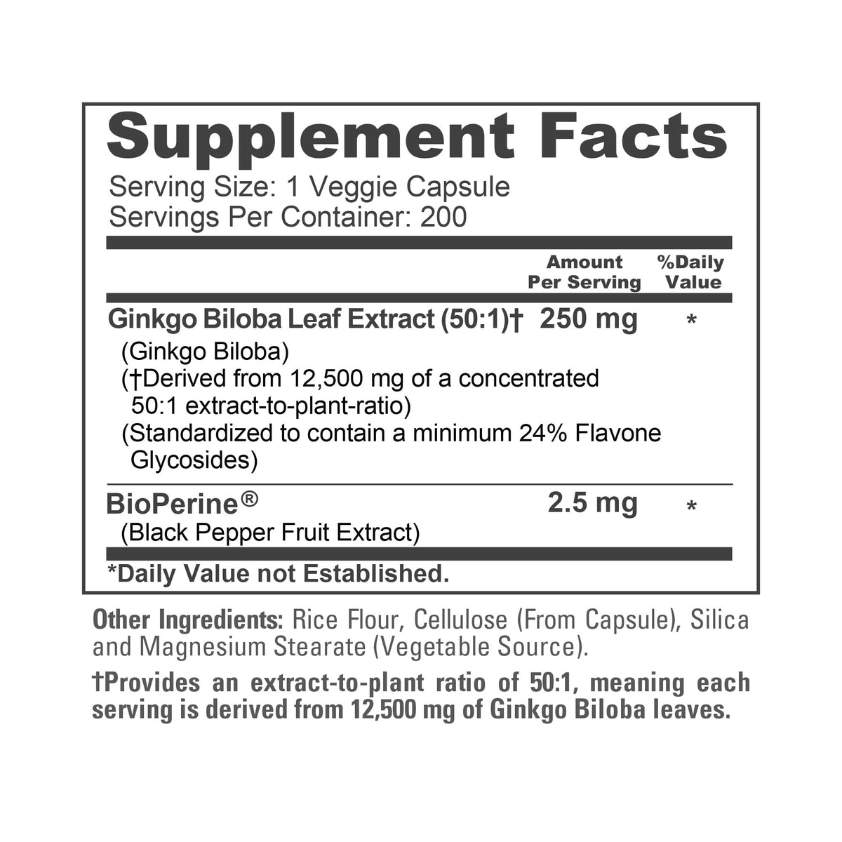 NusaPure Ginkgo Biloba 50:1 Extract, 250 mg Equivalent to 12,500 mg per Veggie Caps 200 Capsules (Vegetarian, Non-GMO, Vegan) Bioperine NusaPureBuy Supplements Australia