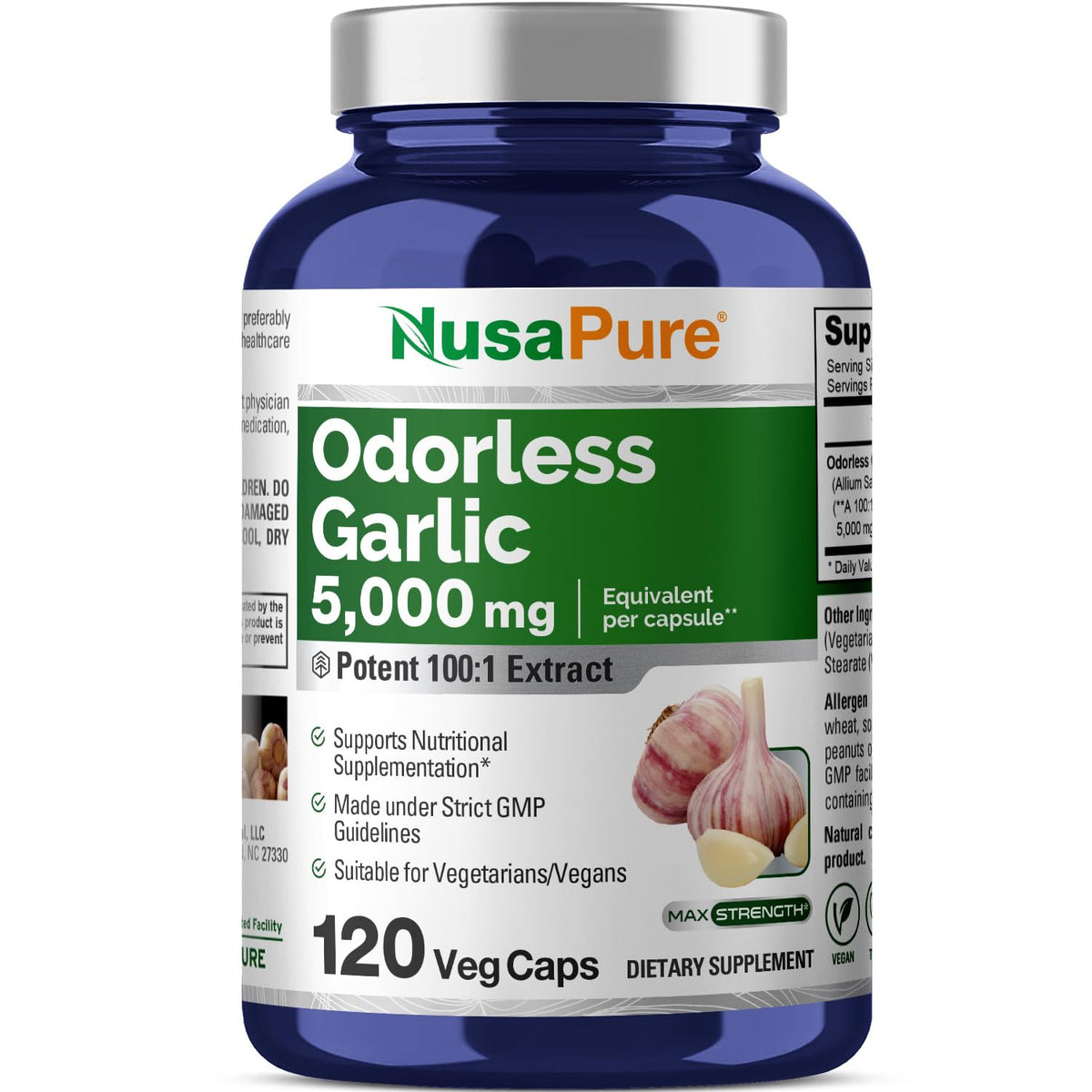 NusaPure Odorless Garlic 100:1 Extract, 50 mg Equivalent to 5000mg Capsule | 120 Veggie Caps | High Potency | Herbal Supplement | Non-GMO | Vegan NusaPureBuy Supplements Australia