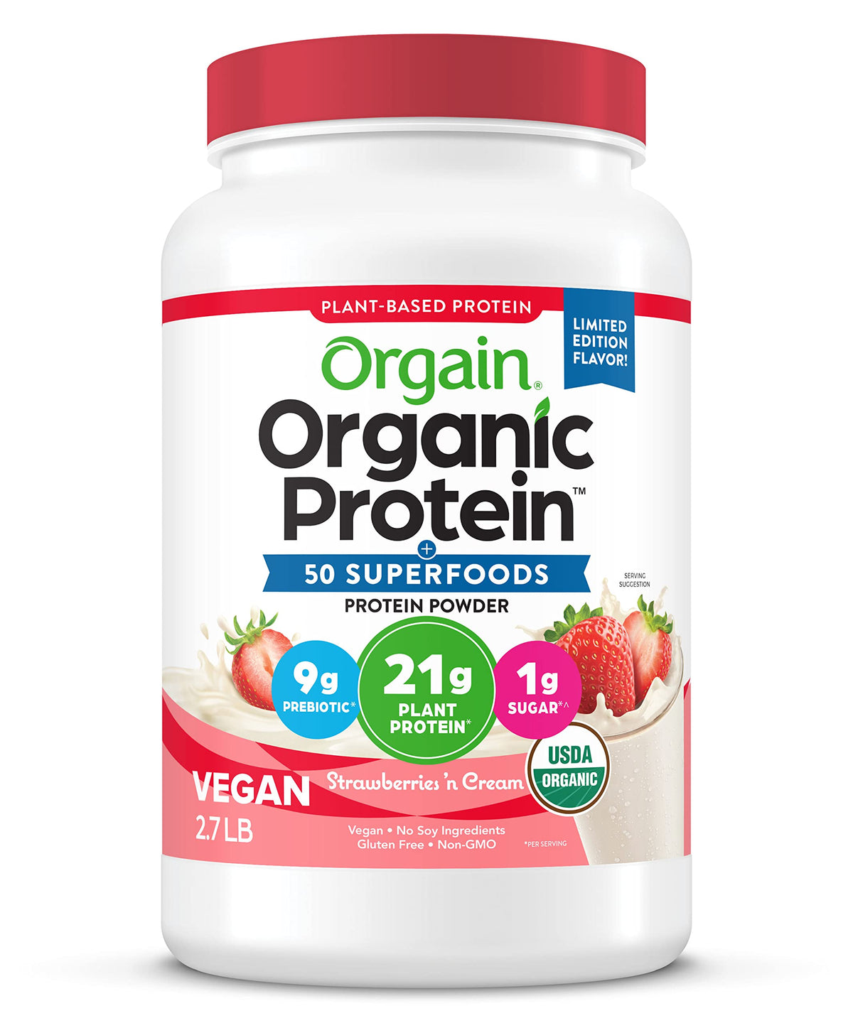 Orgain Organic Vegan Protein Powder + 50 Superfoods, Strawberries and Cream 
