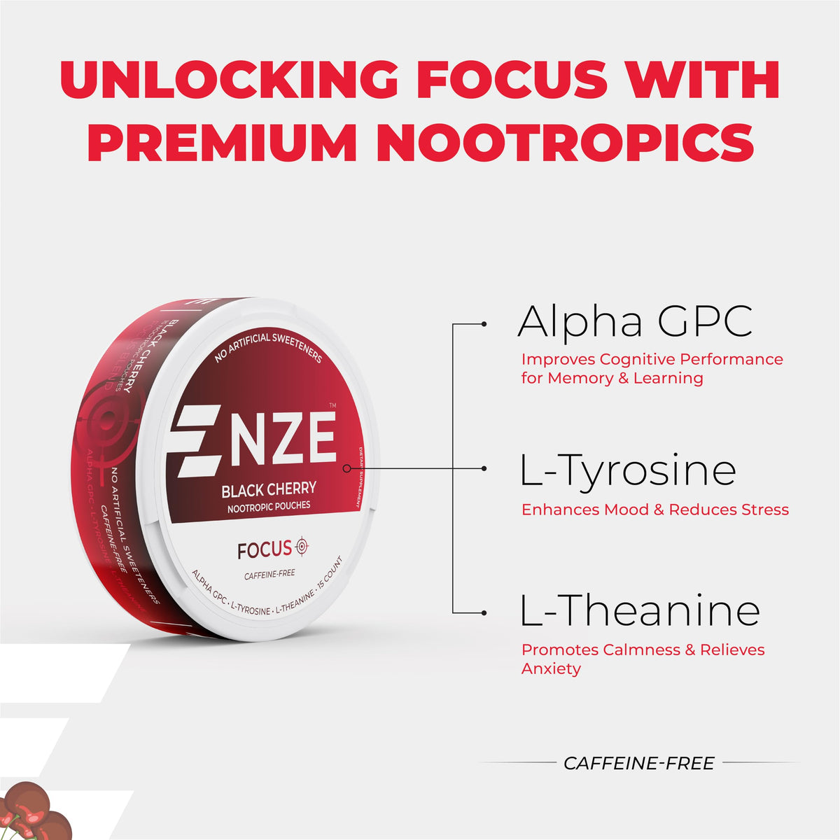 NZE Caffeine Free Nootropic Pouches (Black Cherry) - Nootropic Pouches with Alpha GPC, L-Tyrosine & L-Theanine - No Sugar or Artificial Sweeteners - 15 Pouches Per Can - 5 Pack NZEBuy Supplements Australia