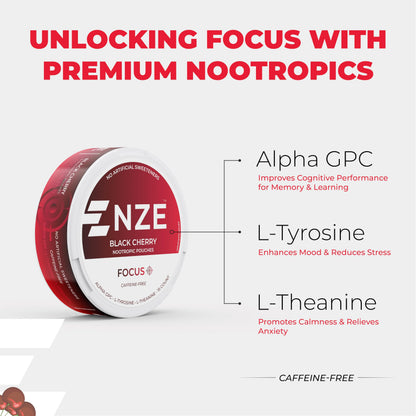 NZE Caffeine Free Nootropic Pouches (Black Cherry) - Nootropic Pouches with Alpha GPC, L-Tyrosine & L-Theanine - No Sugar or Artificial Sweeteners - 15 Pouches Per Can - 5 Pack NZEBuy Supplements Australia