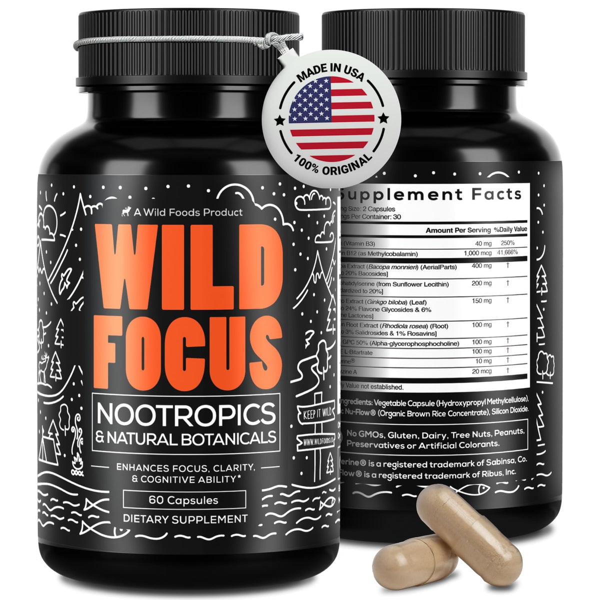Wild Focus Brain Supplements | Caffeine-Free, Plant-Based Botanicals | Lions Mane, Ginkgo Biloba, Bacopa Monnieri, Lemon Balm | 100% Natural Nootropic | 60 caps Wild FoodsBuy Supplements Australia