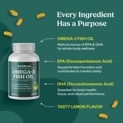 ColonBroom Omega 3 Fish Oil 2640 mg Softgels | Lemon Flavor | Daily Fish Oil Omega-3 Supplement for Women & Men with EPA & DHA | Gluten-Free, Non-GMO, Natural (60 Softgels, 2 Month Supply) ColonBroomBuy Supplements Australia
