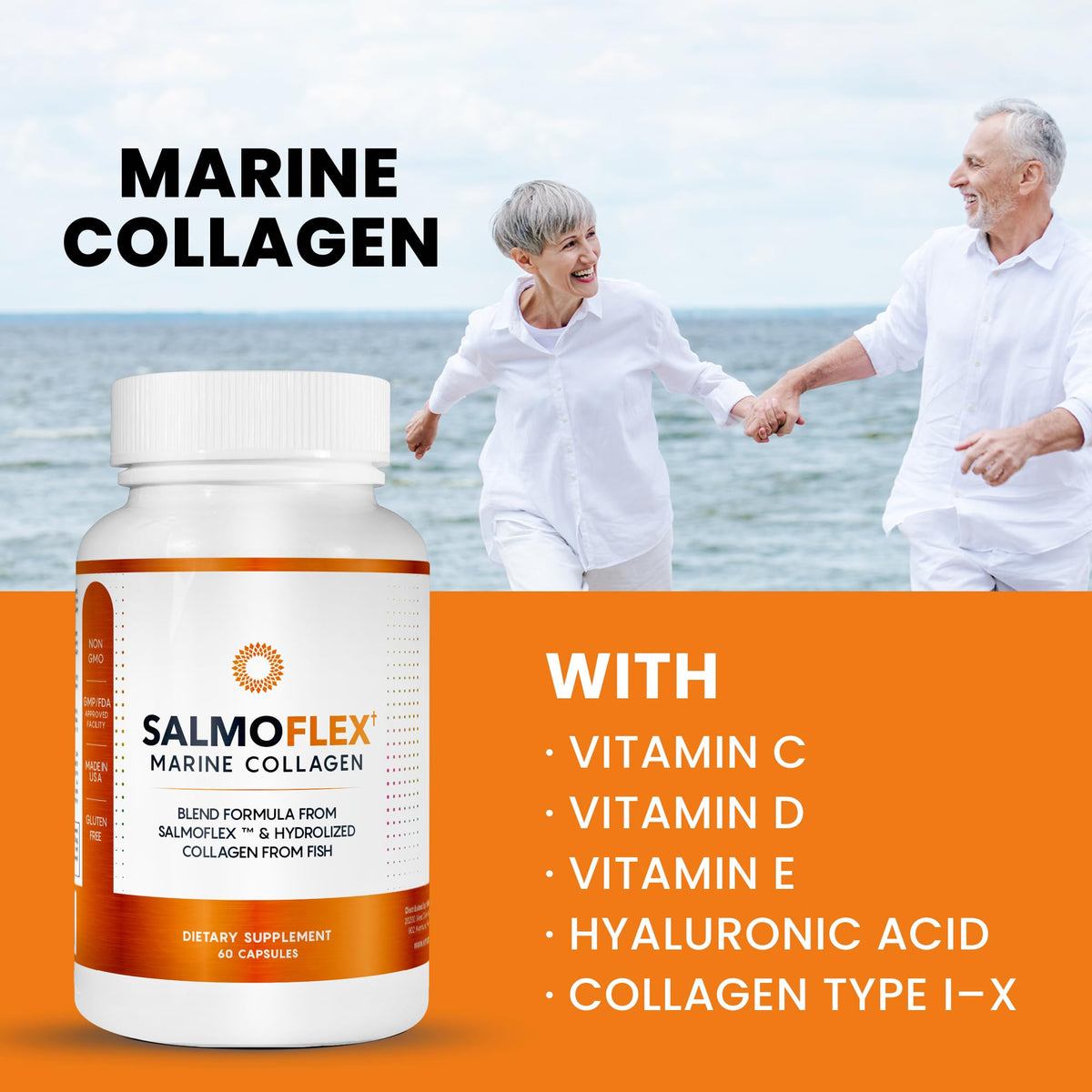 VITASEI Salmoflex Marine Collagen Peptides Pills W/Hyaluronic Acid, Vitamin C, D, E | Salmon Supplements - Hair, Skin, Nails | Multivitamin for Women & Men | Knee, Joint Relief - 60 Capsules VITASEIBuy Supplements Australia