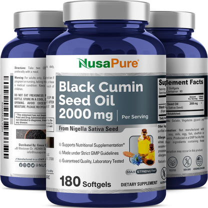 NusaPure Black Seed Oil 2000mg per Serving - 180 Softgel Caps (Non-GMO, Gluten-Free) Cold-Pressed Nigella Sativa NusaPureBuy Supplements Australia