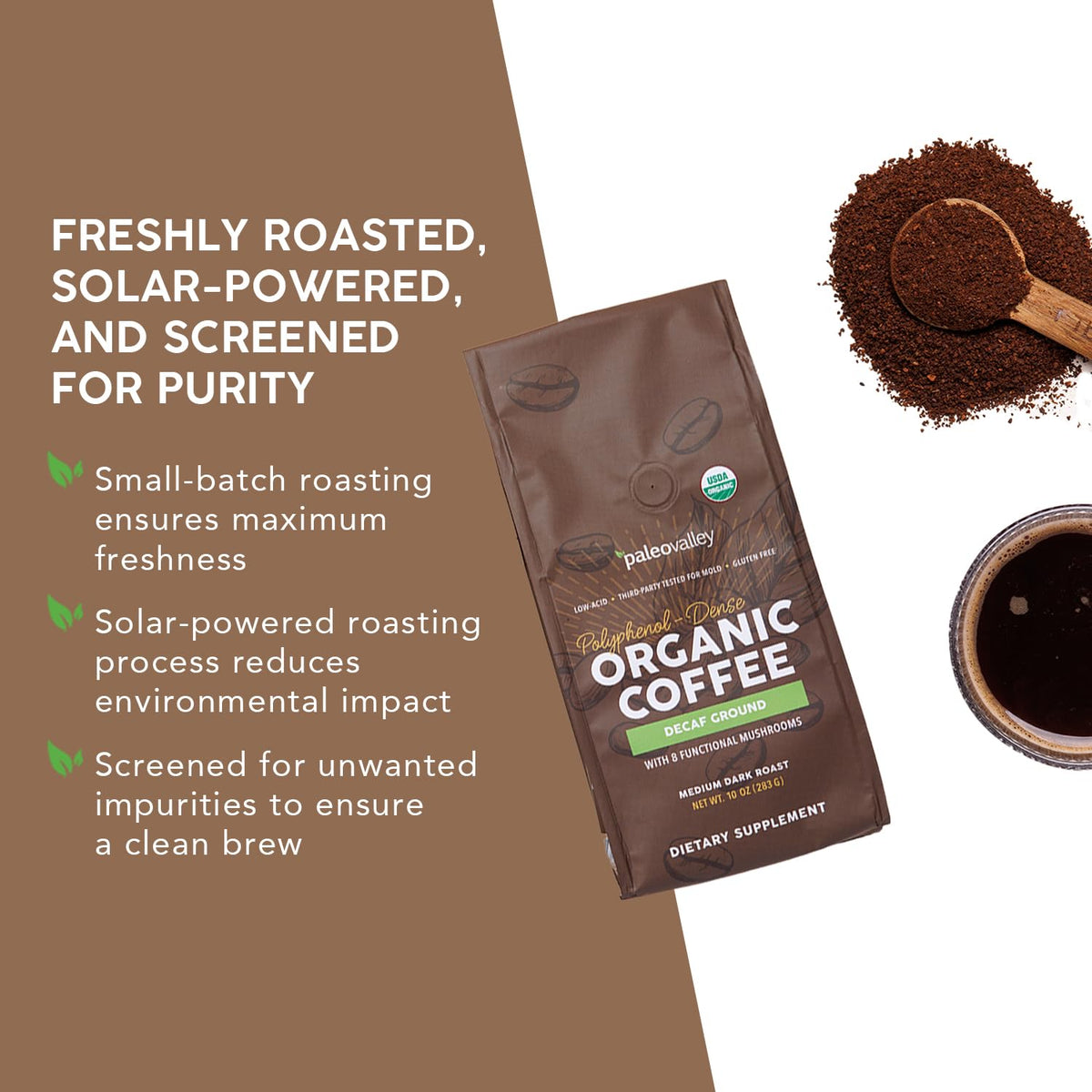 Paleovalley Organic Ground Coffee, 10oz - Decaf, Low Acid, Single-Origin, Polyphenol-Rich, Infused with Mushrooms PaleovalleyBuy Supplements Australia