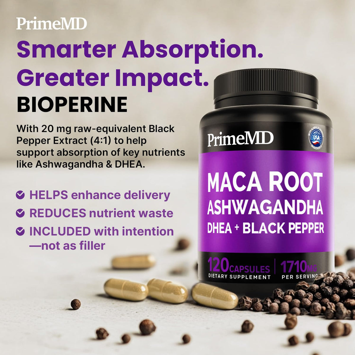 6-in-1 Organic Maca Root Ashwagandha Capsules 1710mg with DHEA and Black Pepper Fruit Extract for Women and Men - Black Maca Supplement for Stamina, Bone and Mood Support Supplement, 120ct (Pack of 3) PrimeMDBuy Supplements Australia