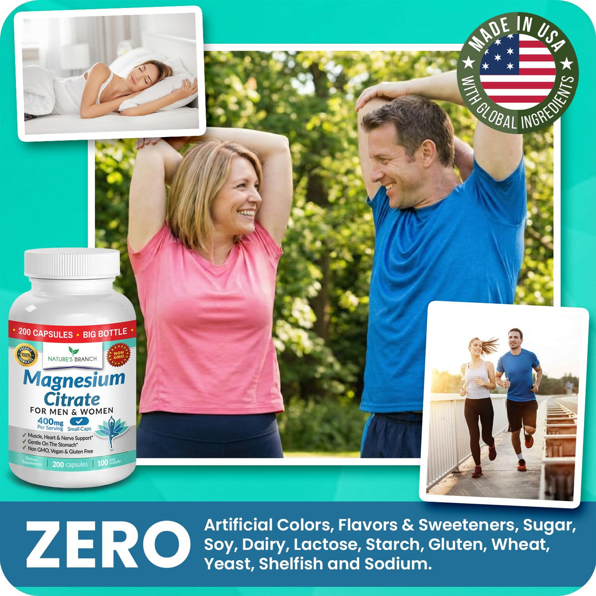 Magnesium Citrate 400mg | 200 Capsules, High Absorption for Sleep, Relax, Leg Cramps, Energy, Extra Strength Easy to Swallow Small Pills for Women & Men, Vegan Supplement for Digestion, Not Tablets NATURE'S BRANCHBuy Supplements Australia