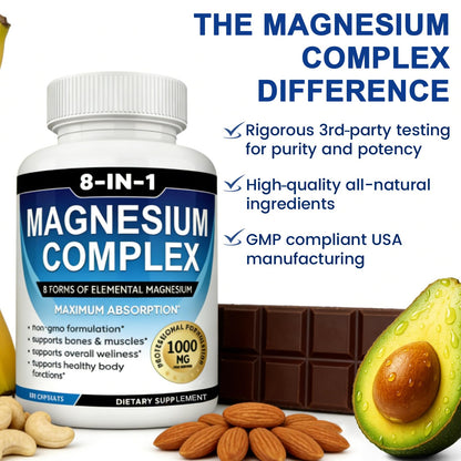 Magnesium Complex Supplement 8-in-1 Elemental 1000mg, Magnesium Glycinate, Malate & Citrate, Vegan, Non-GMO 90 Capsules MIRACLE OFFICIAL buy supplements Au