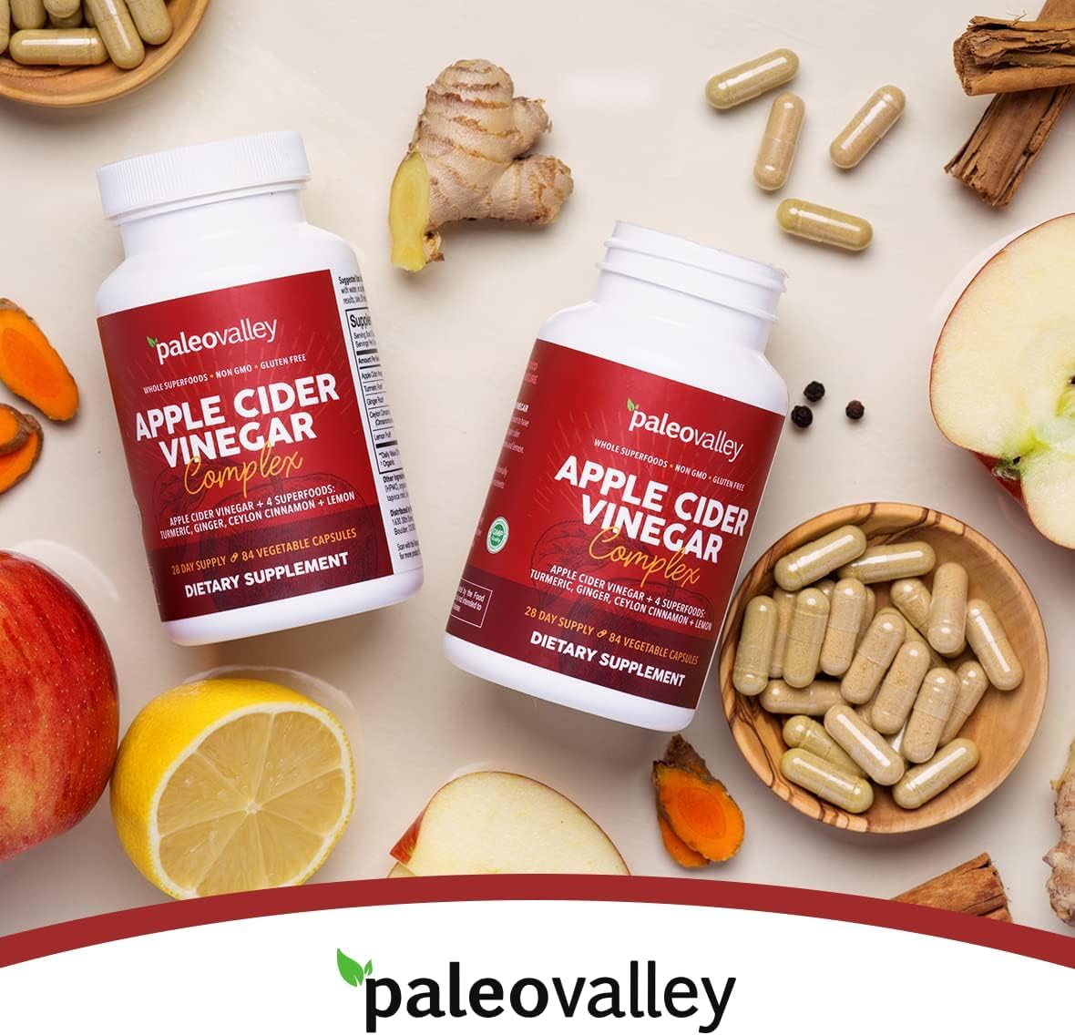 Paleovalley Apple Cider Vinegar Complex with Superfoods - Turmeric, Ginger, Ceylon Cinnamon and Lemon - 84 Vegetable Capsules PaleovalleyBuy Supplements Australia