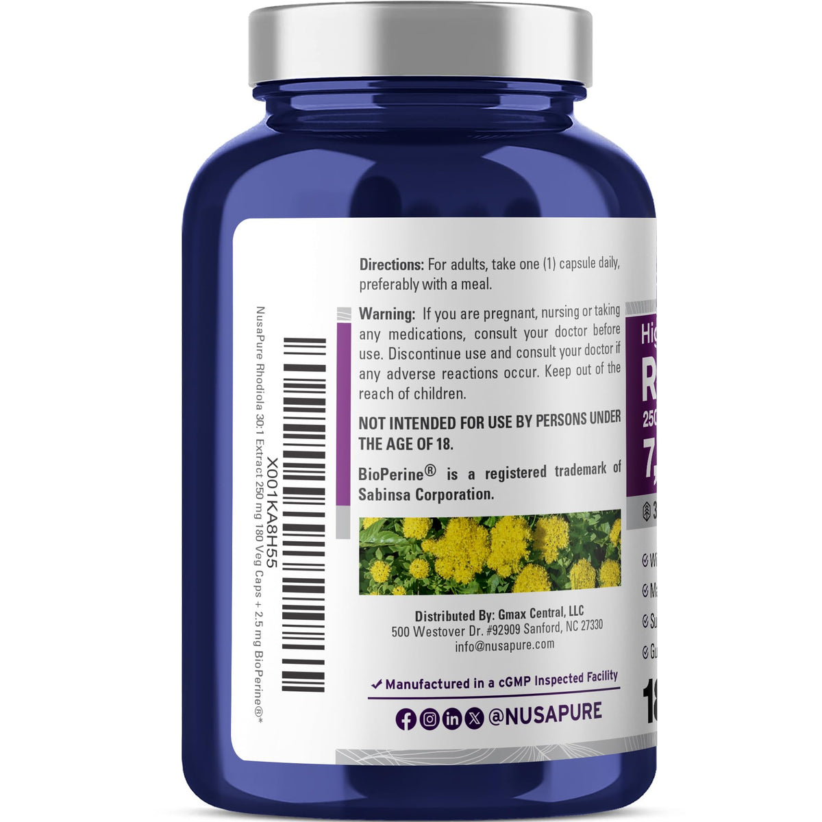 NusaPure Rhodiola Rosea 7,500mg 180 Veggie Capsules (Non-GMO, Extract 30:1, Vegan & Gluten-Free) Bioperine NusaPureBuy Supplements Australia