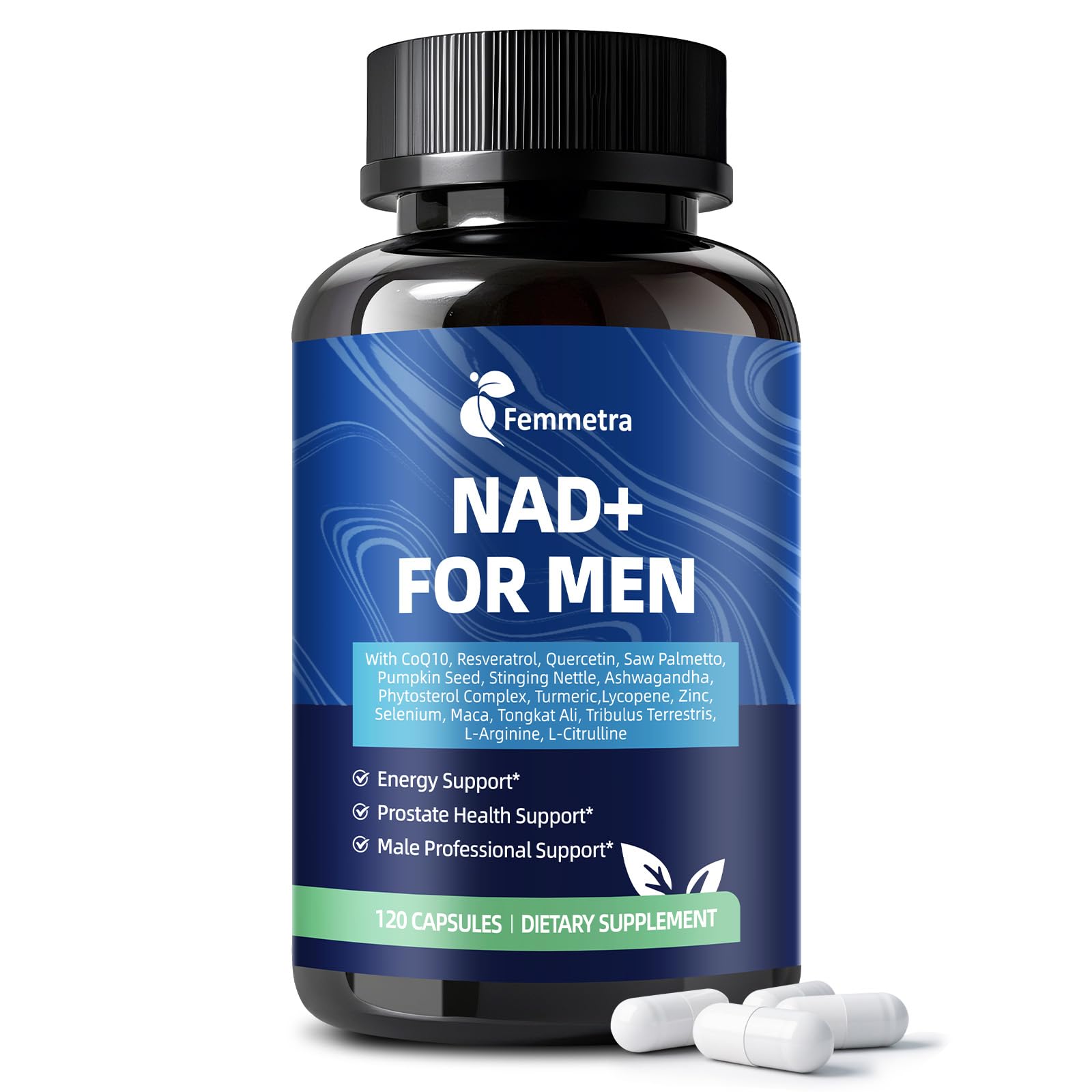 Femmetra NAD+ Supplements for Men with Saw Palmetto | All-in-One Cellular Energy, Prostate Support & Nitric Oxide Supplement with Resveratrol, L-Arginine | Non-GMO, 120 Capsules FemmetraBuy Supplements Australia
