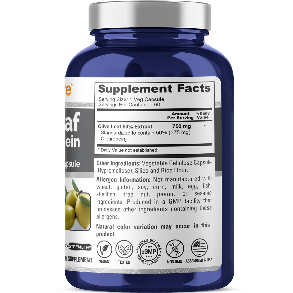 NusaPure Olive Leaf Extract 750 mg - 50% Oleuropein - Vegan and Vegetarian Non-GMO - Super Strength - No Oil - 60 Capsules NusaPureBuy Supplements Australia