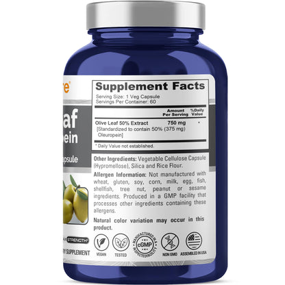 NusaPure Olive Leaf Extract 750 mg - 50% Oleuropein - Vegan and Vegetarian Non-GMO - Super Strength - No Oil - 60 Capsules NusaPureBuy Supplements Australia