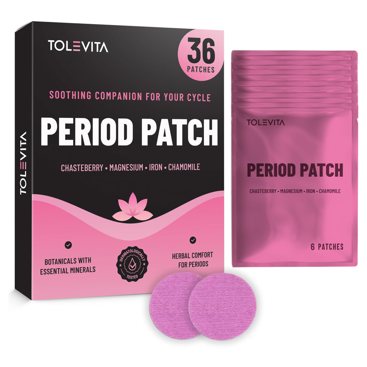 TOLEVITA Period Relief Patches 36 Pcs – Herbal Cramp Support with Chasteberry, Magnesium, Evening Primrose, Dong Quai, Curcumin, Vitamins B6 & E, Iron, Chamomile – Hormonal Balance & Menstrual Comfort TOLEVITABuy Supplements Australia