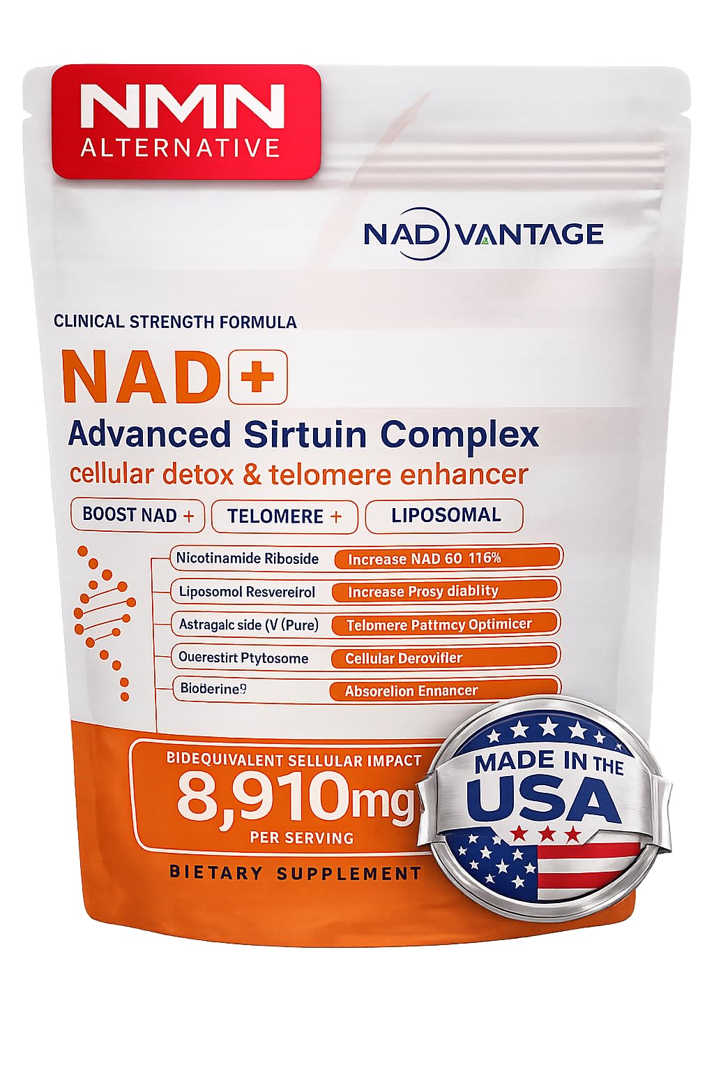Supplement package labeled 'NAD+ Advanced Sirtuin Complex' with NMN branding on a white background.