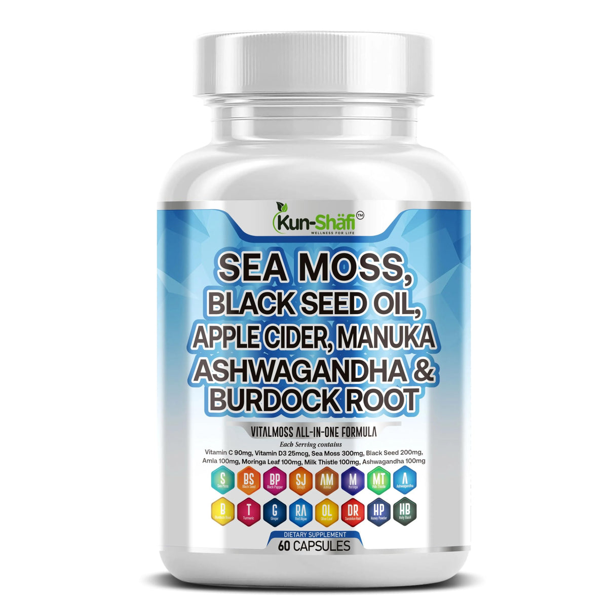Supplement bottle labeled with health benefits on a white background
