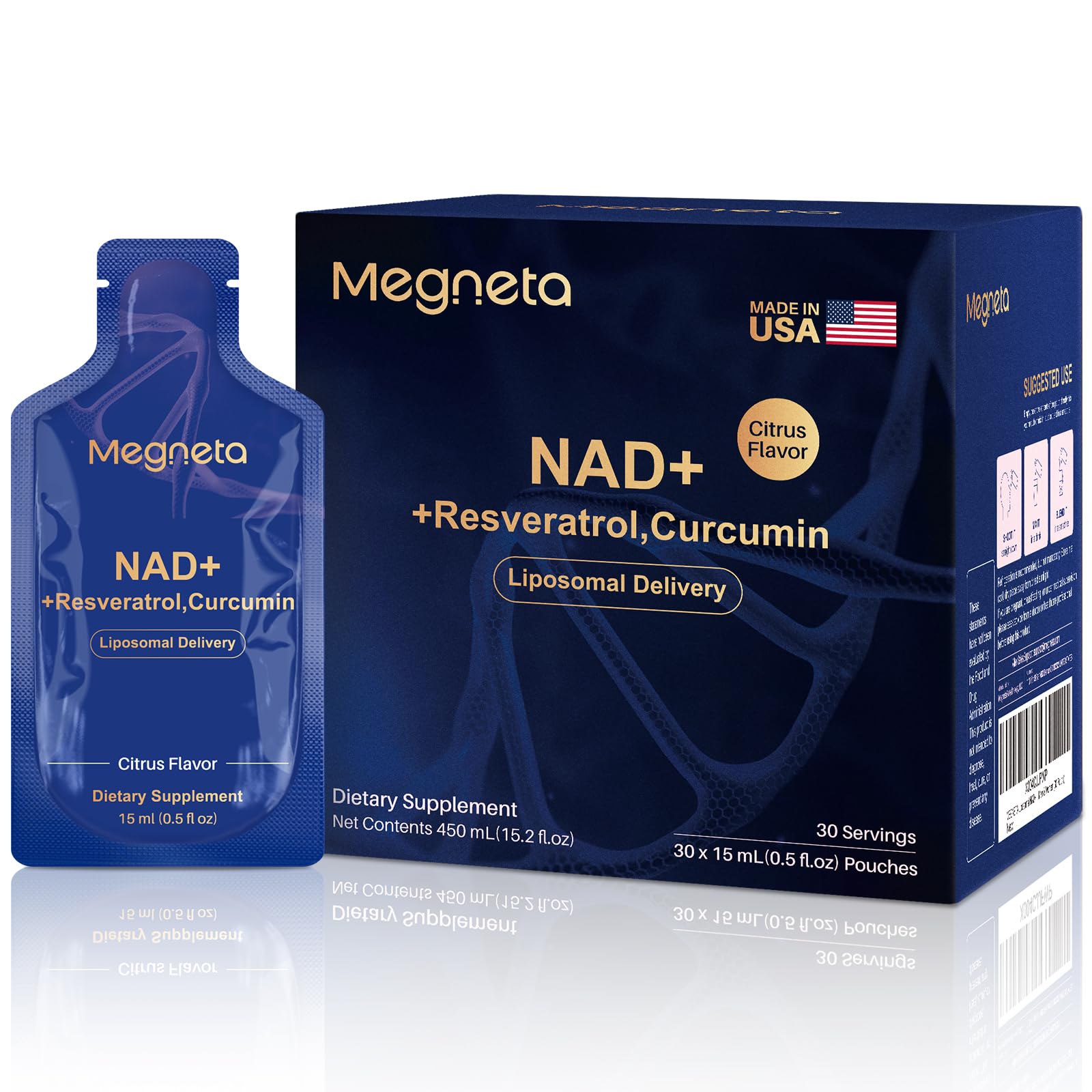 Megneta NAD+ supplement packaging with blue box and clear pouch on a white background