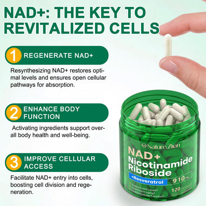 NAD Supplement - NAD+ Nicotinamide Riboside 910 Mg Supplement for Women & Men, Liposomal Nicotinamide Riboside with Resveratrol, for Focus, Boost - 120 Capsules (120 Count (Pack of 1))