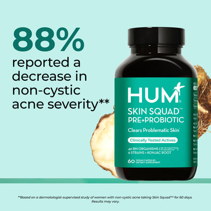 HUM Skin Squad Probiotics for Women and Men, Skin Care Supplement for Clear Complexion & Gut Health Support, Microbiome Prebiotic & Probiotic Supplement for Breakouts, Digestive Health, 60 Capsules HUMBuy Supplements Australia