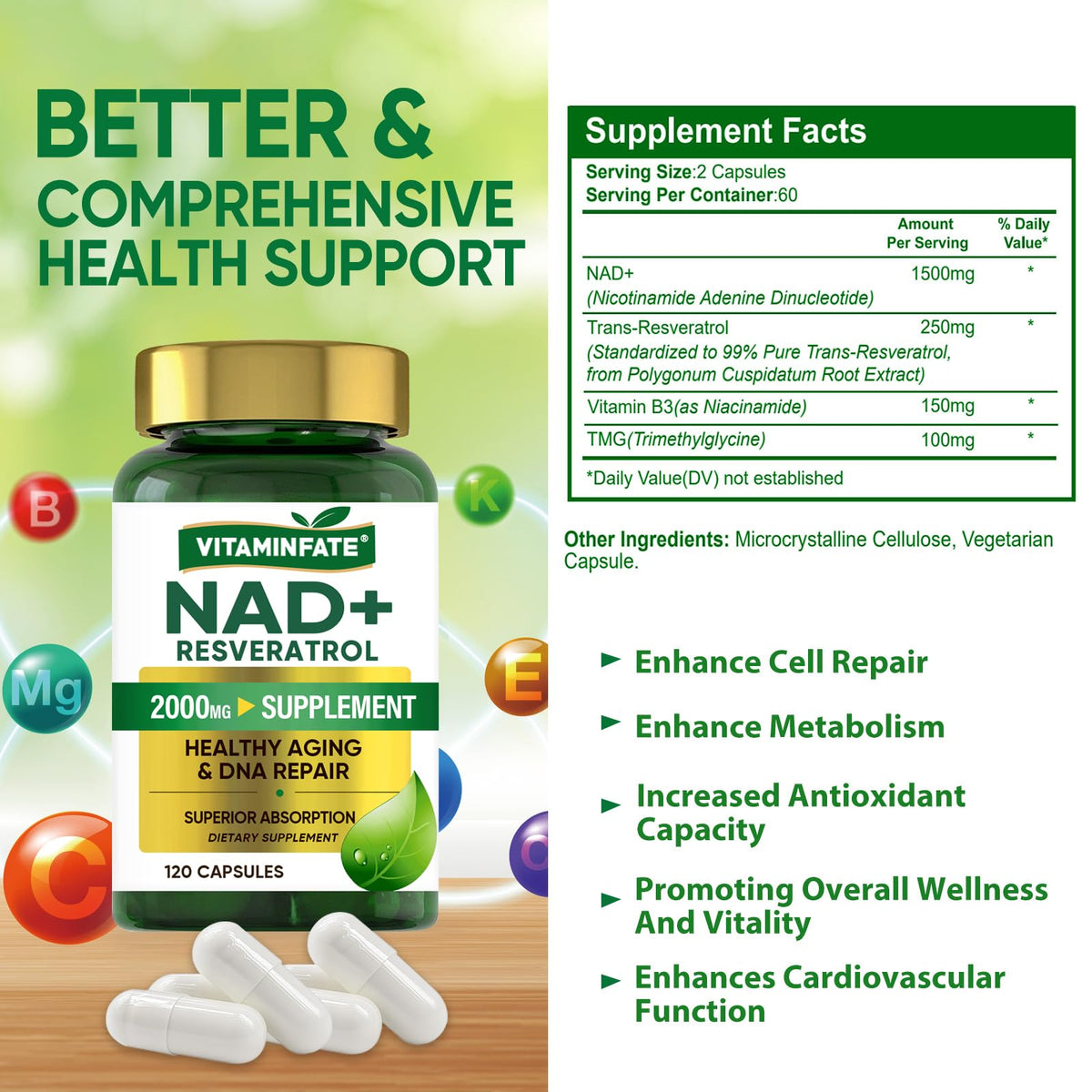 VITAMINFATE NAD+ Supplement 2000 mg - 120 Capsules True NAD+ & Resveratrol, NMN Alternative Supports Anti-Aging, Cellular Energy & Repair, Metabolism & Brain Boost for Men & Women VITAMINFATEBuy Supplements Australia