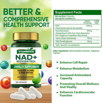 VITAMINFATE NAD+ Supplement 2000 mg - 120 Capsules True NAD+ & Resveratrol, NMN Alternative Supports Anti-Aging, Cellular Energy & Repair, Metabolism & Brain Boost for Men & Women VITAMINFATEBuy Supplements Australia