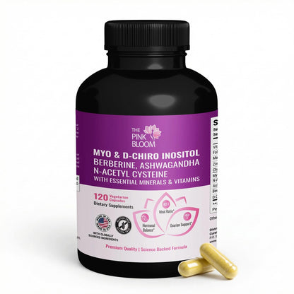 The Pink Bloom Myo & D-Chiro Inositol 40:1 Ratio – 120 Capsules | Myo Inositol Supplement for Women with Vitamin D, Ashwagandha, Folate & Zinc | Supplement for Hormone Balance & Ovarian Health The Pink BloomBuy Supplements Australia