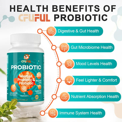 Probiotics for Women & Men - 300 Billion CFU, 24 Strains Probiotic + 15 Organic Herbs Prebiotics Blend, for Overall Digestive Gut Health, Immune, Constipation & Bloating, Shelf Stable - 4 Month Supply CfufulBuy Supplements Australia