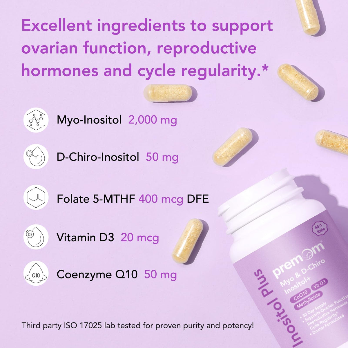 Premom Inositol Plus - 2000mg Myo-Inositol & 50mg D-Chiro Inositol, CoQ10, Folate & Vitamin D3-40:1 Ratio - Supports Hormonal Balance, Ovarian & Reproductive Health - 30 Day Supply PremomBuy Supplements Australia