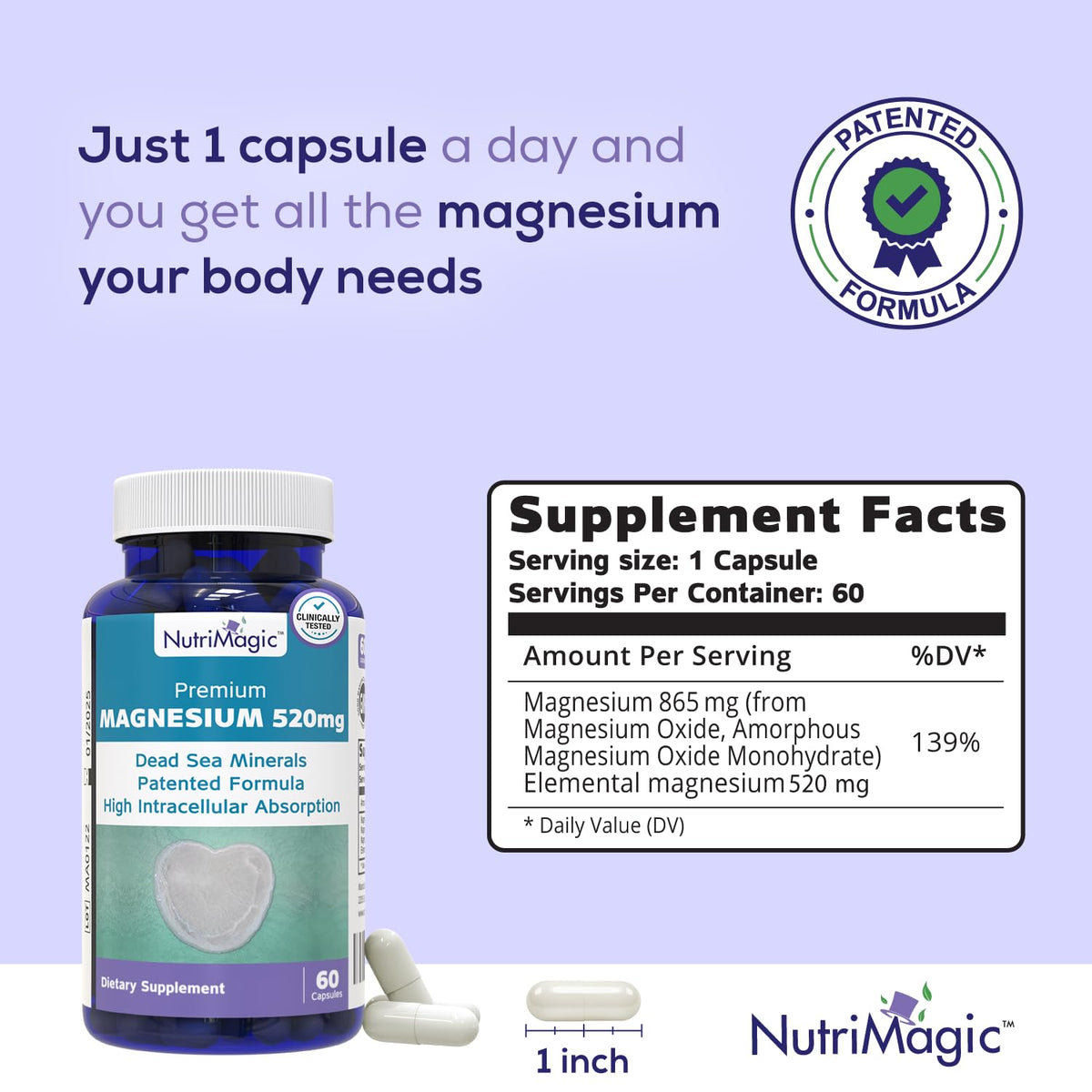 NutriMagic 520mg Patented High Absorption Elemental Magnesium from Oxide, Dead Sea Minerals Complex (1 Bottle, 2-Month Supply (60 Capsules)) NutriMagicBuy Supplements Australia