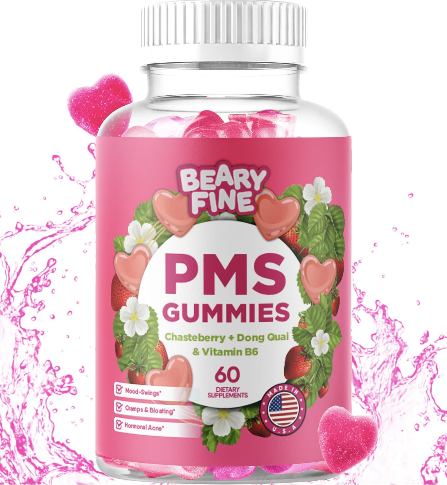 Beary Fine PMS Gummies - PMS Vitamins for Women & Teens - PMS Period Relief - Cramping, Bloating, Mood Swings - Made in The USA (Strawberry, 60 Count) Beary FineBuy Supplements Australia