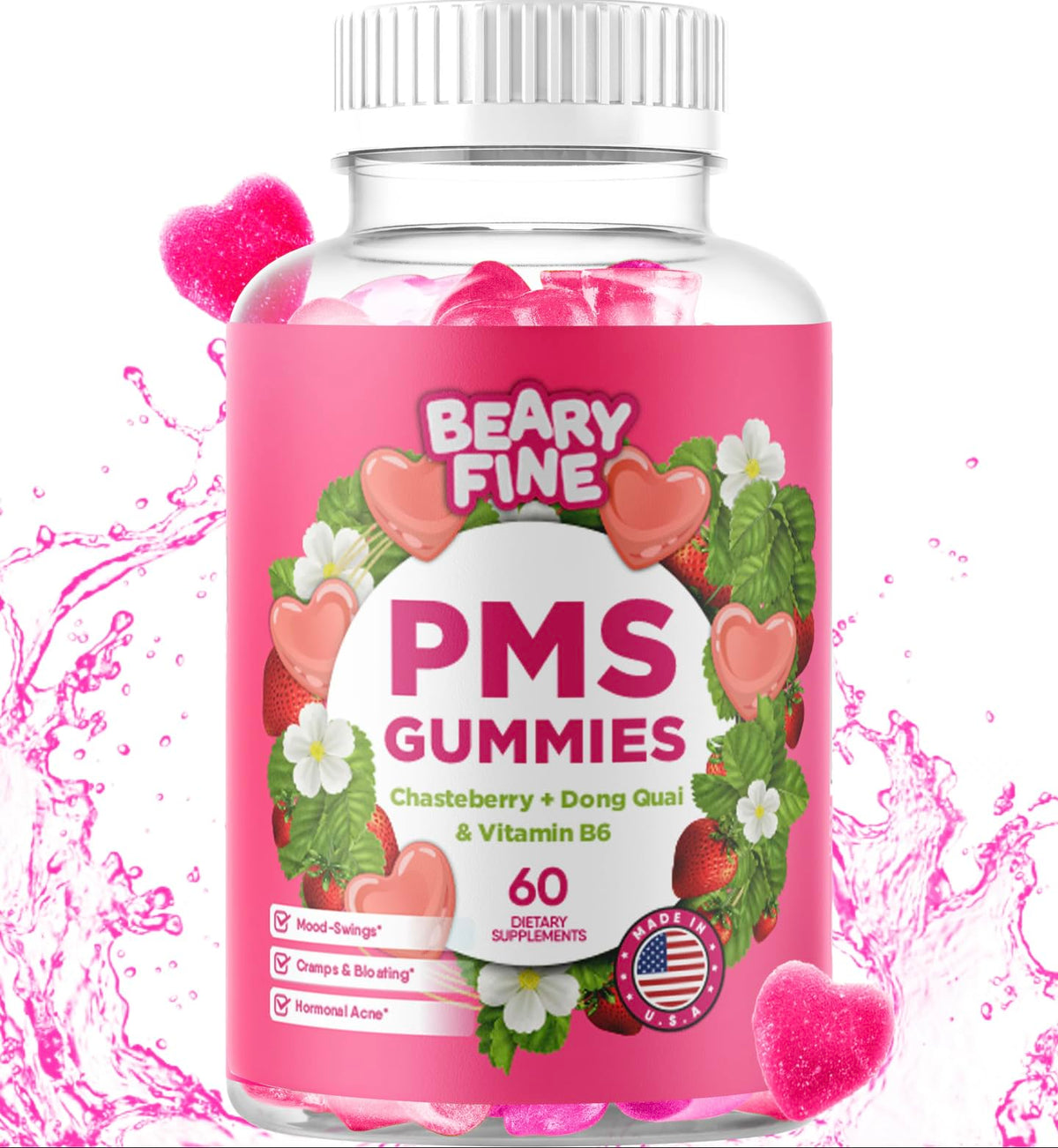 Beary Fine PMS Gummies - PMS Vitamins for Women & Teens - PMS Period Relief - Cramping, Bloating, Mood Swings - Made in The USA (Strawberry, 60 Count) Beary FineBuy Supplements Australia