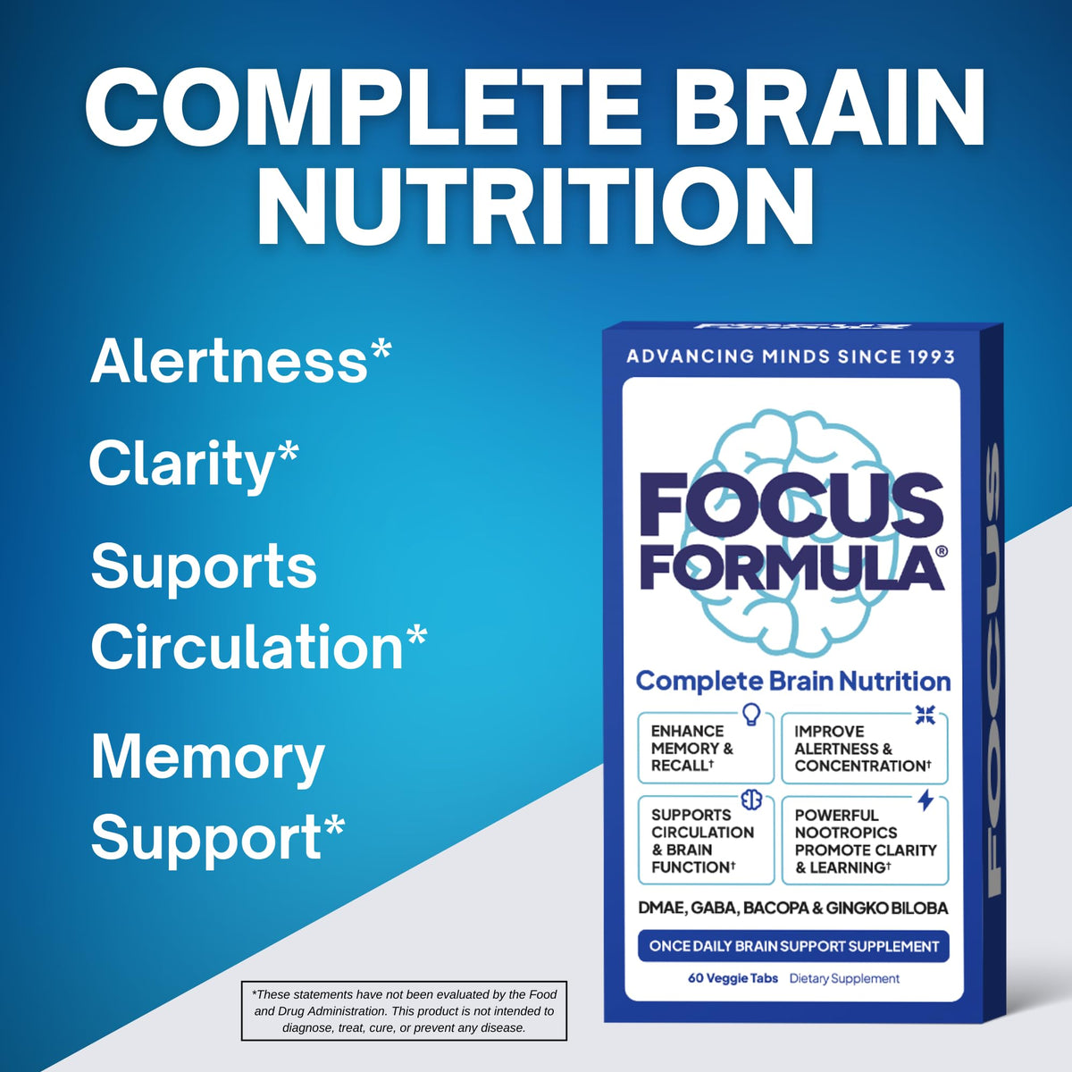 Focus Formula Nootropic Brain Supplement, Focus Capsules for Concentration, Supports Energy, Brain Booster with GABA, DMAE, and BACOPA, Memory Support Supplement, Cognitive Support, 60 Veggie Tablets Focus FormulaBuy Supplements Australia