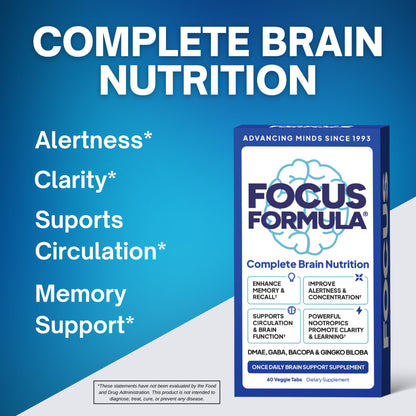 Focus Formula Nootropic Brain Supplement, Focus Capsules for Concentration, Supports Energy, Brain Booster with GABA, DMAE, and BACOPA, Memory Support Supplement, Cognitive Support, 60 Veggie Tablets Focus FormulaBuy Supplements Australia