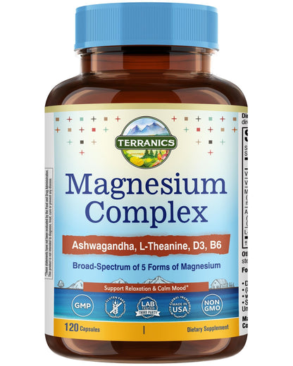 Terranics Magnesium Complex Supplement with Glycinate, Citrate, Taurate & Malate | Supports Nerve & Mood Health | Includes Ashwagandha, L-Theanine, Vitamin D3 & B6 | 120 Capsules | Non-GMO TerranicsBuy Supplements Australia