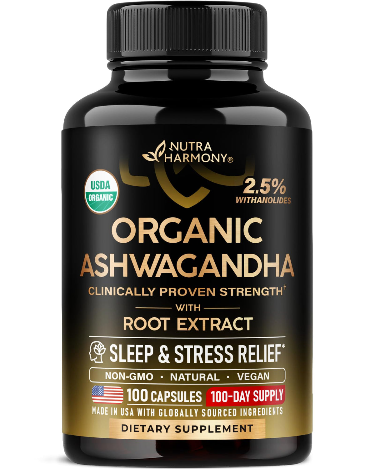 Ashwagandha Supplements 1800mg - USDA Organic Ashwagandha for Women & Men - Clinically Effective Strength for Stress Relief & Sleep - Powder & Root Extract 2.5% Withanolides - Made in USA 100 Capsules NUTRAHARMONYBuy Supplements Australia